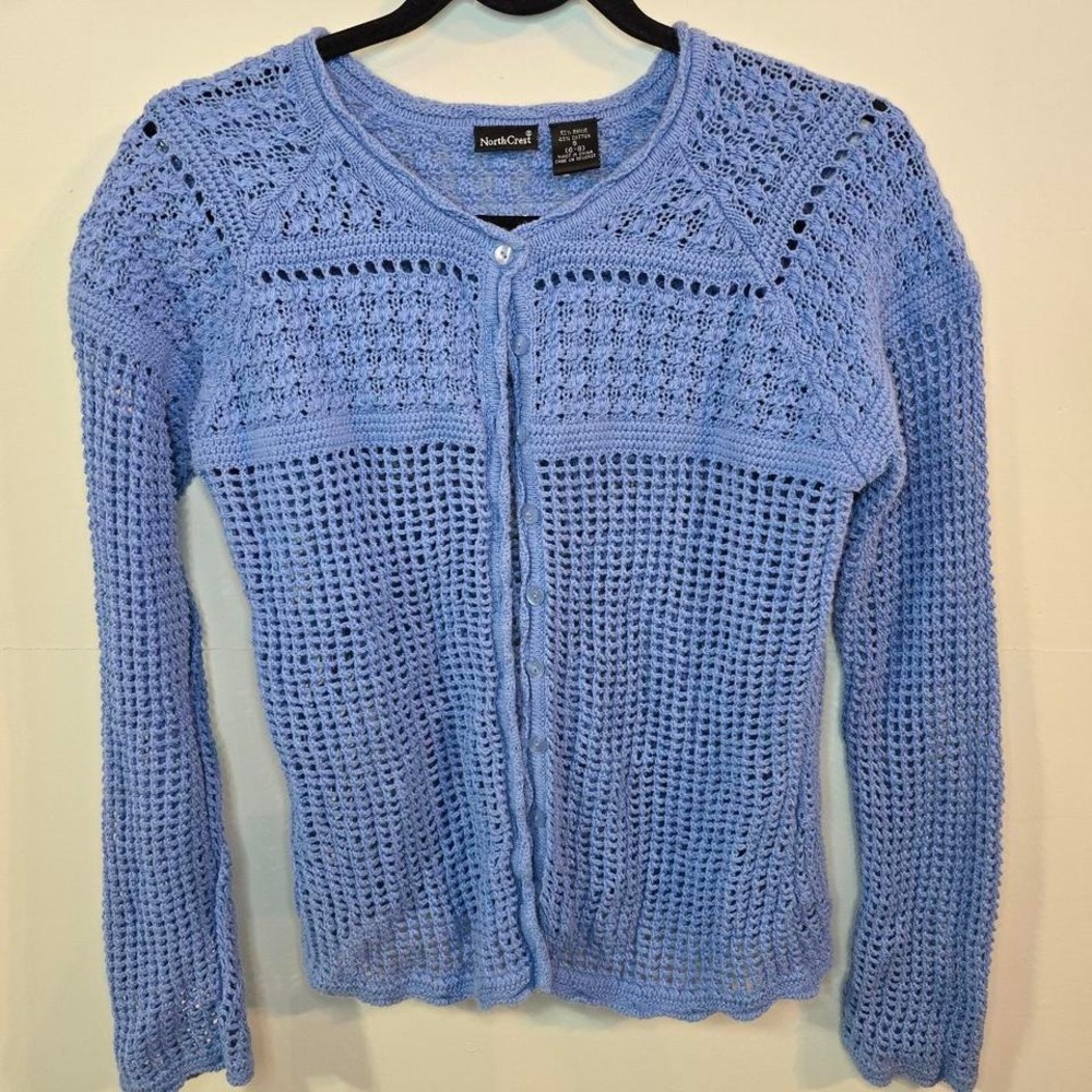 Y2K Blue Crochet Knit Button Cardigan Size Small Soft Girl Coquette